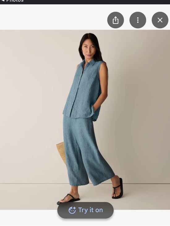 Eileen Fisher Tops - Eileen Fisher Grid Blue Women’s Puckered Organic Linen Sleeveless Button Down